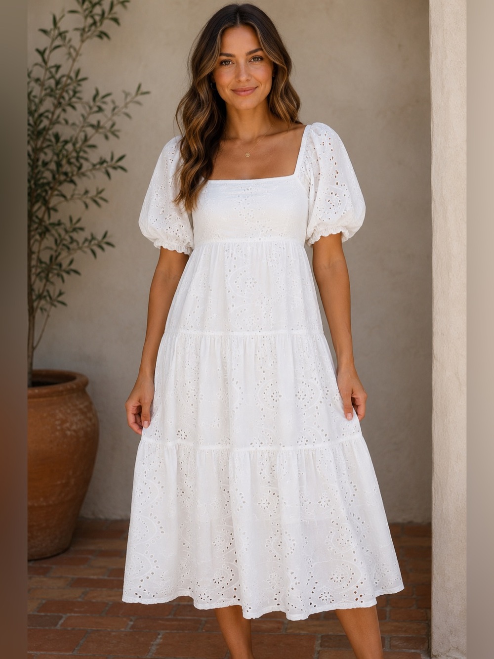 Meadow Rhodes White Eyelet Midi Dress Puff Sleeve Cottagecore Size Small